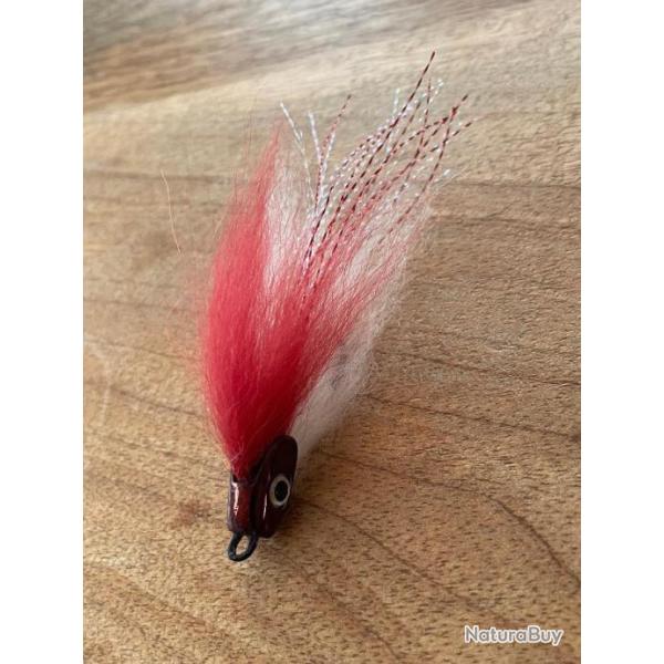 mouche brochet  blanche 4 grs t�te tungst�ne rouge / cuivre  montage hame�on double
