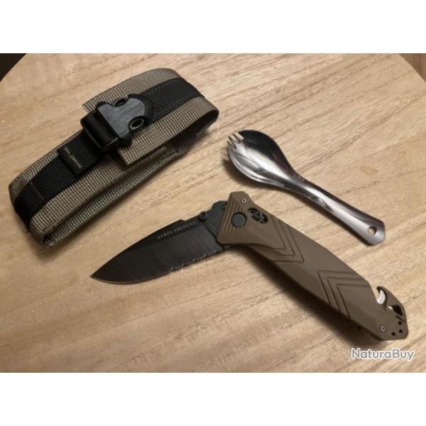 Nouveau couteau pliant Arm�e Fran�aise CAC SERRATION PA6 SABLE avec sa cuill�re/fourchette et �tui.