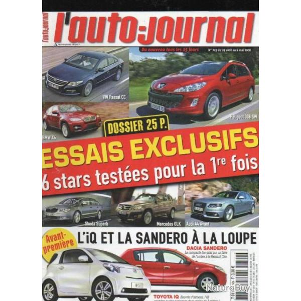 l'auto journal 749 2008 , dacia sandero , toyota, bmw, vw passat cc, peugeot 308 sw,
