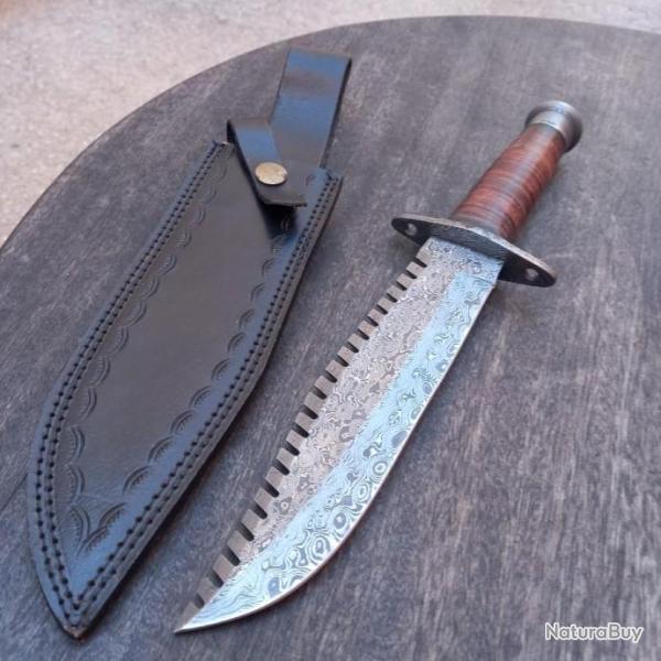 Couteau BOWIE DAMAS Manche en Cuir avec �tui en cuir