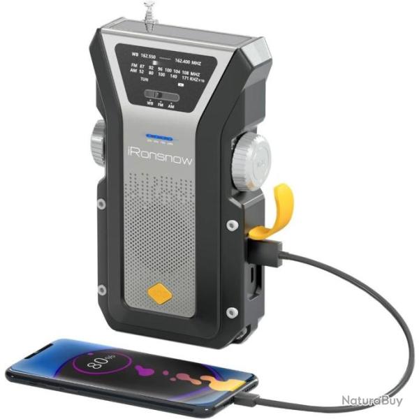 Radio Solaire d'urgence M�t�o AM/FM Manivelle Alarme SOS Batterie 4000mAh Portable Lampe LED