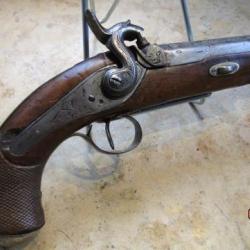 pistolet percussion gros cal voyage cavalerie Espagnol  incrust&eacute; sur canon En Eibar per+nom anno1836