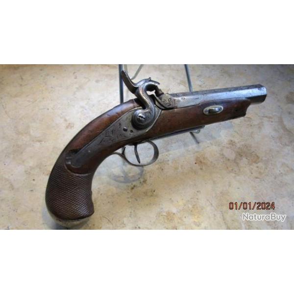 pistolet percussion gros cal voyage cavalerie Espagnol  incrust� sur canon En Eibar per+nom anno1836