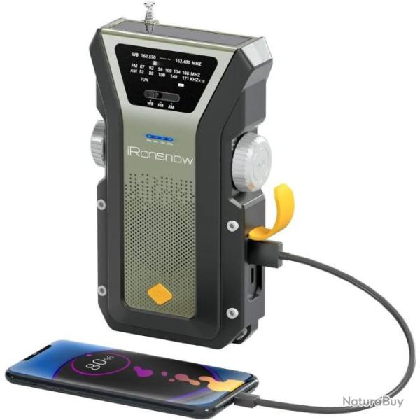 Radio Solaire d'urgence Mto AM/FM Manivelle Batterie 4000mAh Alarme SOS Portable Lampe LED Vert