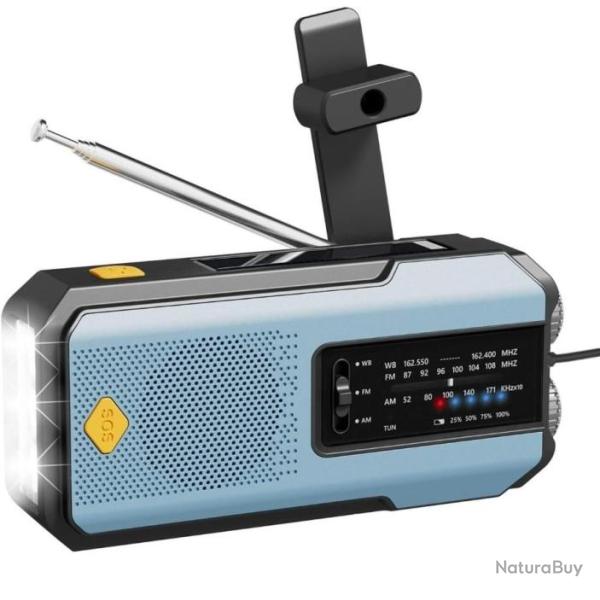 Radio Solaire d'urgence M�t�o AM/FM Batterie 2000mAh Manivelle Alarme SOS Portable Lampe LED Bleu