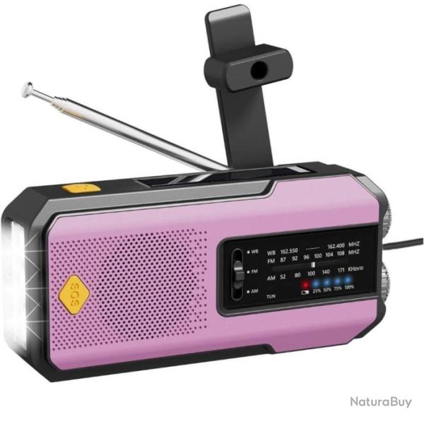 Radio Solaire d'urgence M�t�o AM/FM Batterie 2000mAh Manivelle Alarme SOS Portable Lampe LED Rose