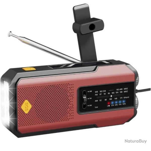 Radio Solaire d'urgence M�t�o AM/FM  Manivelle Batterie 2000mAh Alarme SOS Portable Lampe LED Rouge