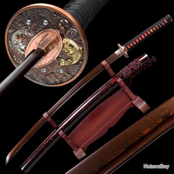 V�ritable Katana Japonais en Damas rouge & noir. Sabre de coupe. Technique ancestrale de forge.