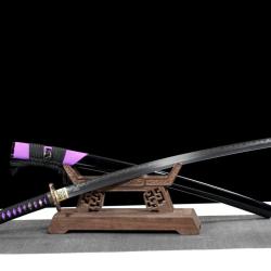 Katana Samoura&iuml; en Acier Tremp&eacute; T10 - Noir et violet hamon v&eacute;ritable