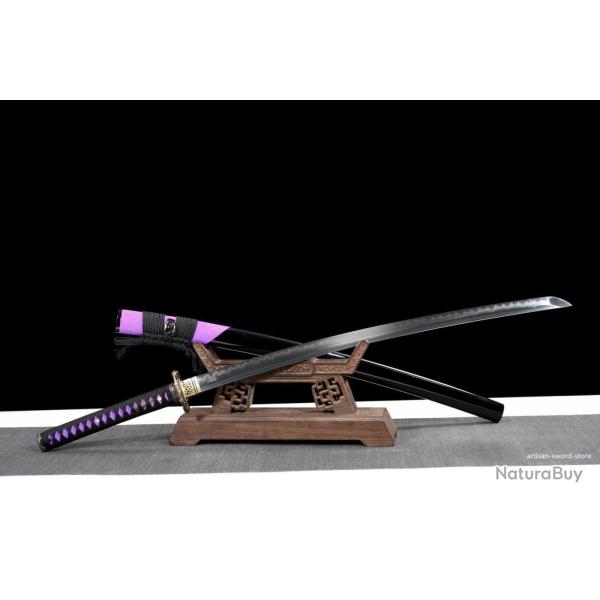 Katana Samoura� en Acier Tremp� T10 - Noir et violet hamon v�ritable