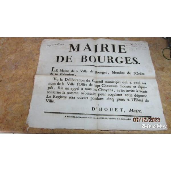 affichette Bourges premier empire chasseur cheval Napol�on Bonaparte empereur Fran�ais