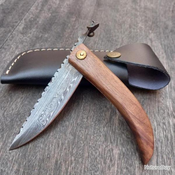 Joli Couteau Pi�montais Damas T�te de B�lier Forg�  Manche en Bois avec �tui en cuir