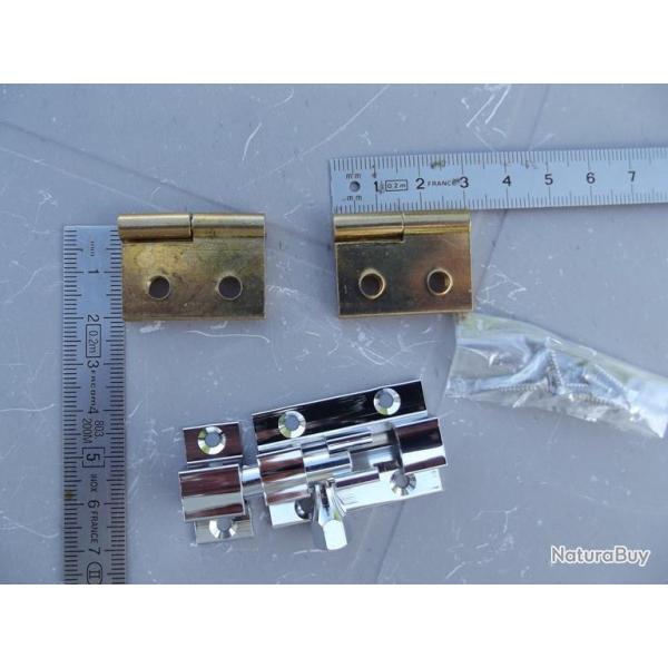 BRADE ! 2 charnires laiton massif,une targette/verrou chrom haut de gamme pour boitier bois NEUFS
