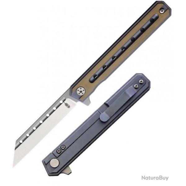 Couteau BucknBear Thunderbird Blue/Gold Manche Titane Lame Acier D2 IKBS Framelock Clip BNB1939D