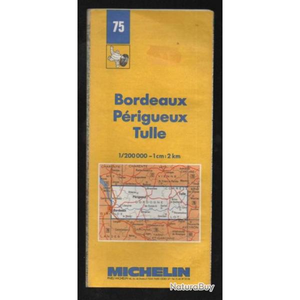carte d�partementale michelin bordeaux p�rigueux tulle 75  1 cm = 2 km de 1970