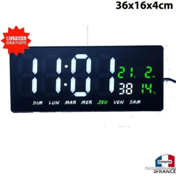 Horloge � poser ou mural avec date temp�rature digital snooze alarme blanc/vert