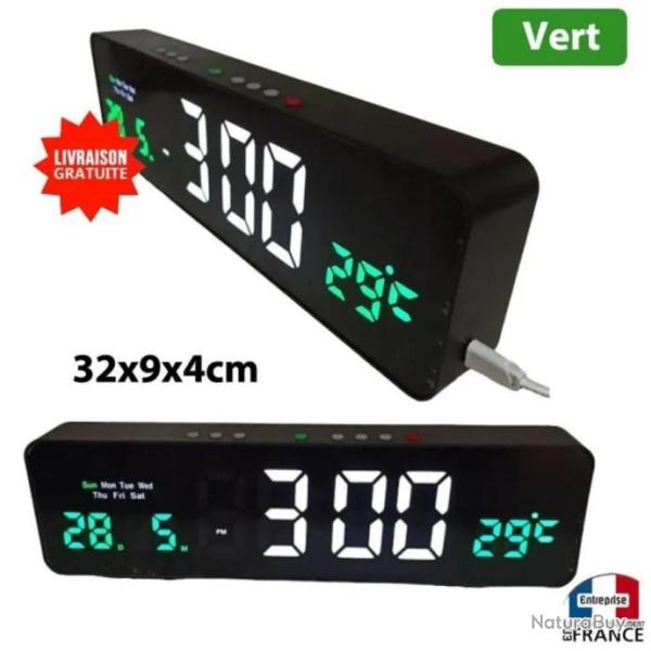 Horloge montre de bureau atelier  poser avec date temprature digital snooze alarme blanc/vert