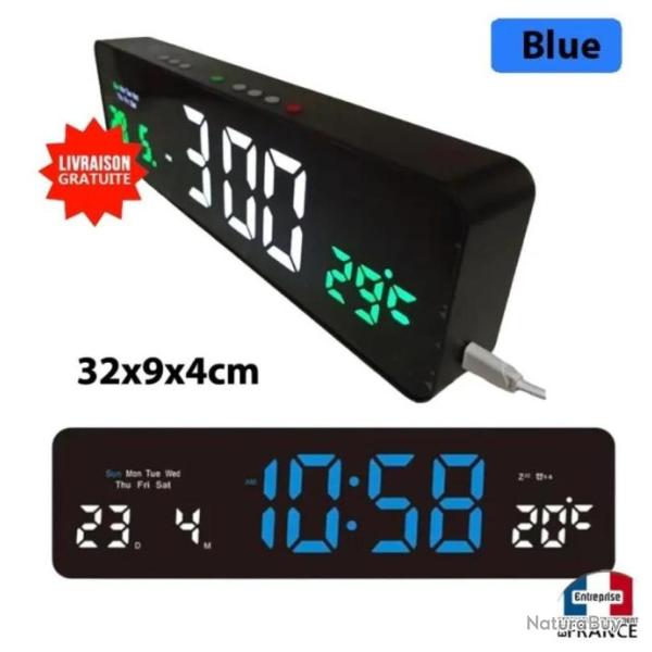 Horloge montre de bureau � poser avec date temp�rature digital snooze alarme bleu/blanc