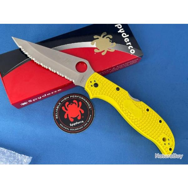 Couteau Spyderco Stretch 2 XL Salt Yellow Lame Acier H-2 Serr Manche FRN Lockback Japan SC258SYL