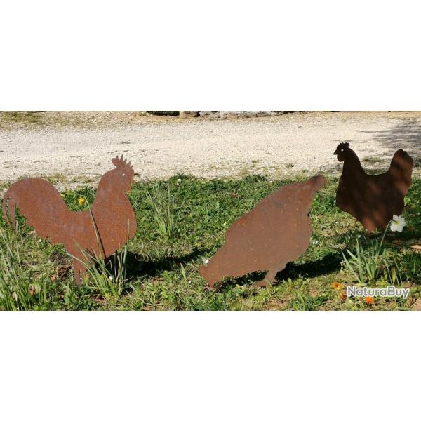 Lot de 3 silhouettes m�talliques Coq + Poules