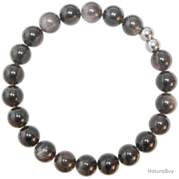Bracelet en obsidienne argent�e - Perles rondes 8 mm