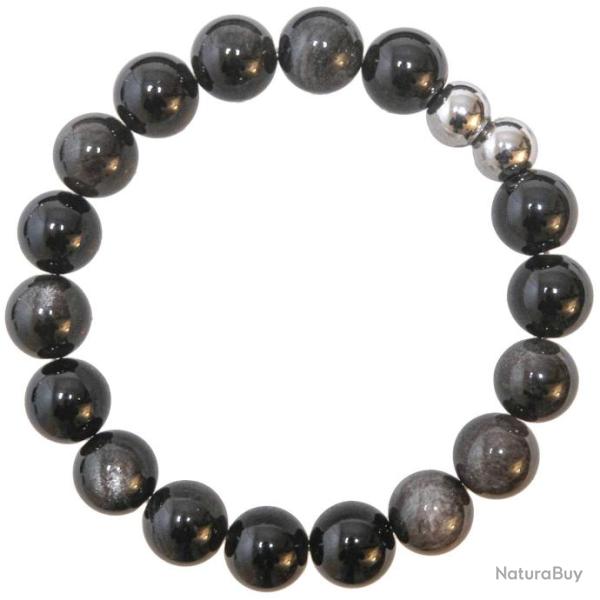 Bracelet en obsidienne argent�e - Perles rondes 10 mm