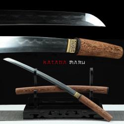 Wakizashi Shirasaya en Acier Damas Pli&eacute; et Tremp&eacute; &agrave; la Main, Lame &agrave; Hamon V&eacute;ritable