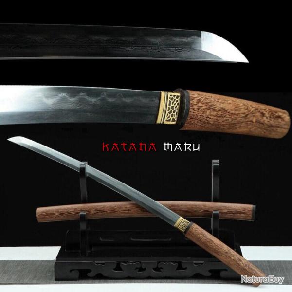 Wakizashi Shirasaya en Acier Damas Pli� et Tremp� � la Main, Lame � Hamon V�ritable