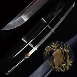 Katana Authentique Japonais, Acier 1060 Tremp&eacute; &agrave; l'Argile, Tranchant V&eacute;ritable, Poign&eacute;e en Peau de R