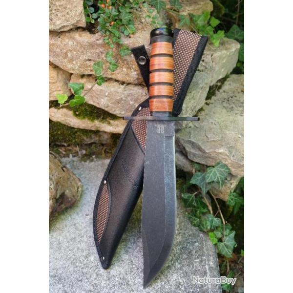 Gros Couteau De Combat Bowie Manche Cuir Grosse Lame Acier Inox Etui Nylon Rough Ryder RR2586