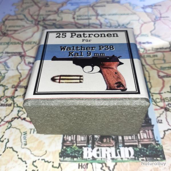 9 mm Walther P38 (Deutsche Waffen Munitions): Reproduction boite cartouches (vide) DWM37 11375016