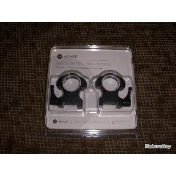paire de collier amovible a levier HAWKE  PRECISION STEEL RING MOUNT de 25,4 mm hauteur : HIGH
