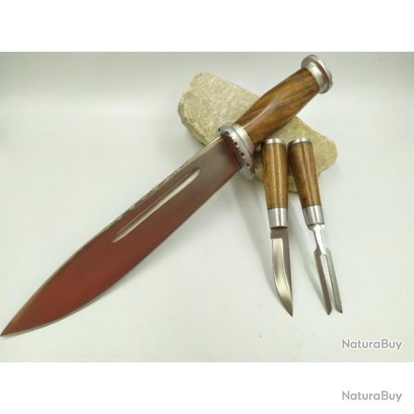 Set de couteau Bowie de chasse plus fourchette avec tui en cuir pour l'ensemble
