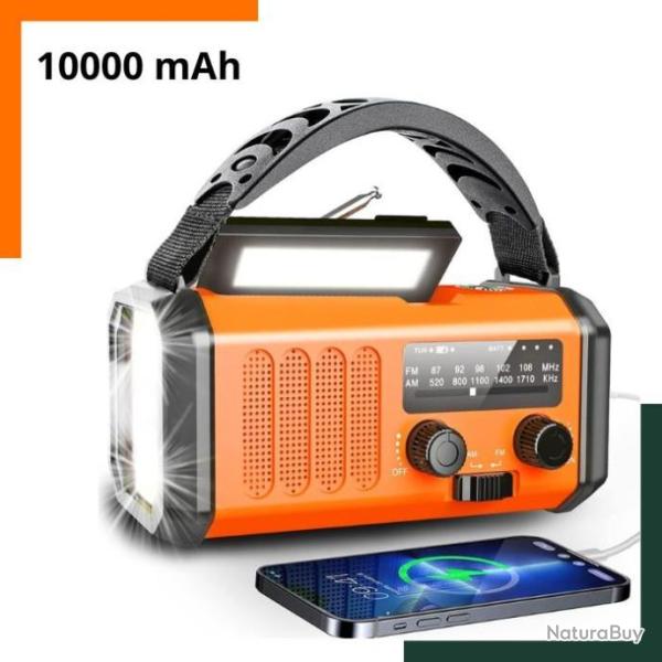 Radio d'urgence � manivelle - Chargeur solaire 10000 mAh - Etanche - Orange - Livraison rapide
