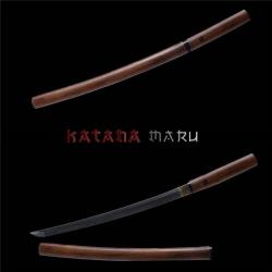 Wakizashi en bois de rose et acier damas tremp&eacute; &agrave; l'argile (hamon)