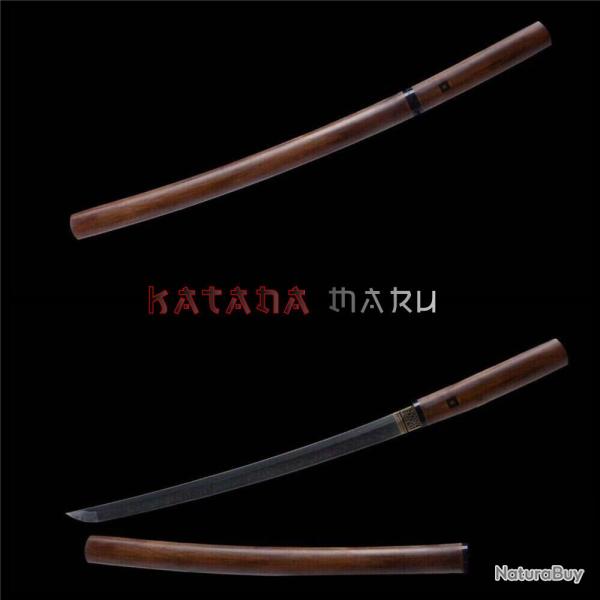 Wakizashi en bois de rose et acier damas tremp� � l'argile (hamon)