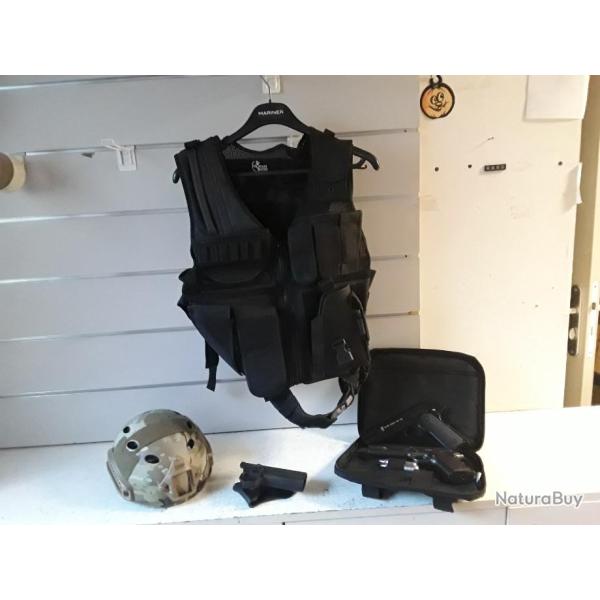 10177 PACK COMPLET AIRSOFT X2 PISTOLET 1911 + GILET + CASQUE + HOLSTER...  OCCASION EXCELLENT ETAT
