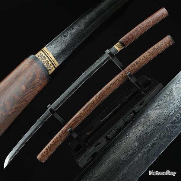 Katanas shirasaya japonais en acier pli� tremp� � l'argile. Sabre forg� Damass� avec vrai hamon - Sa