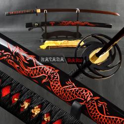 Katana en Damas (acier pli&eacute; 1000 couches). Saya Dragon Rouge grav&eacute; Sabre Japonais Fonctionnel