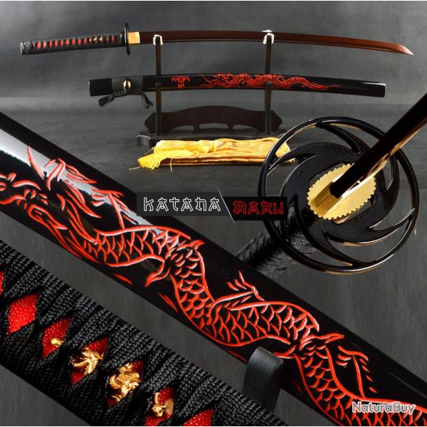 Katana en Damas (acier pli� 1000 couches). Saya Dragon Rouge grav� Sabre Japonais Fonctionnel