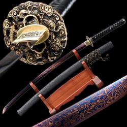 Akaho - Sabre japonais tranchant en damas rouge et bleu