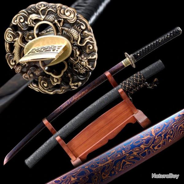 Akaho - Sabre japonais tranchant en damas rouge et bleu