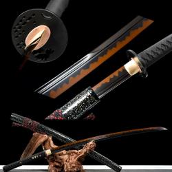 Katanas tranchant en acier T10 noir et orange. Sabre japonais lame affin&eacute;, plus l&eacute;ger