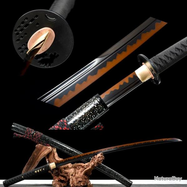 Katanas tranchant en acier T10 noir et orange. Sabre japonais lame affin�, plus l�ger