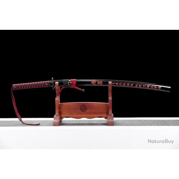 Katana en Acier T10 avec Hamon V�ritable - lani�re rouge et noir tombante de la poign� - 100% fait m