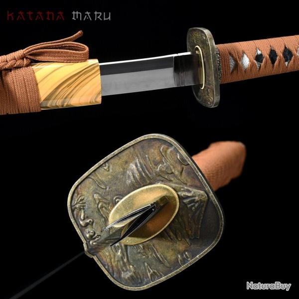 V�ritable Katana Japonais, Acier T10 avec hamon, Tranchant rasoir, Peau de Raie Authentique