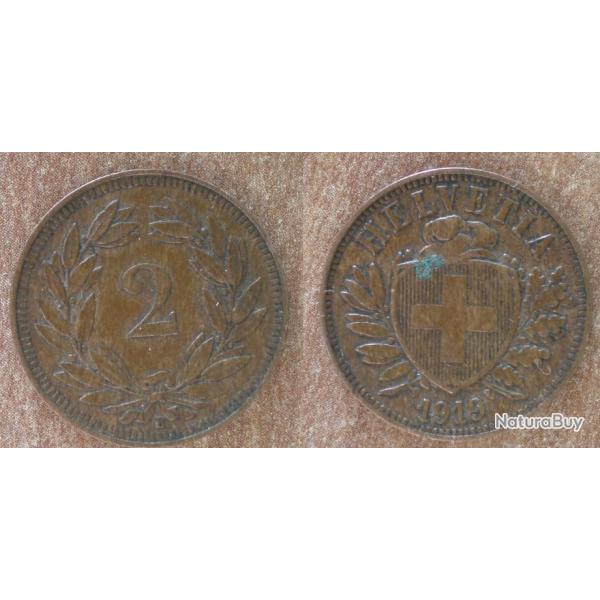 Suisse 2 Rappen 1919 Piece Centimes Cent Francs Franc