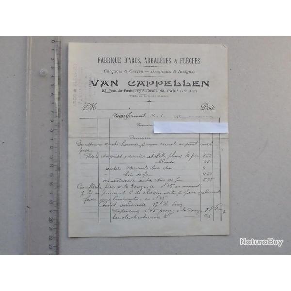 MONTFERMEIL (93): FACTURE 1922: Fabrique d'Arcs Arbal�tes & Fl�ches - VAN CAPPELLEN - Arc Carquois..