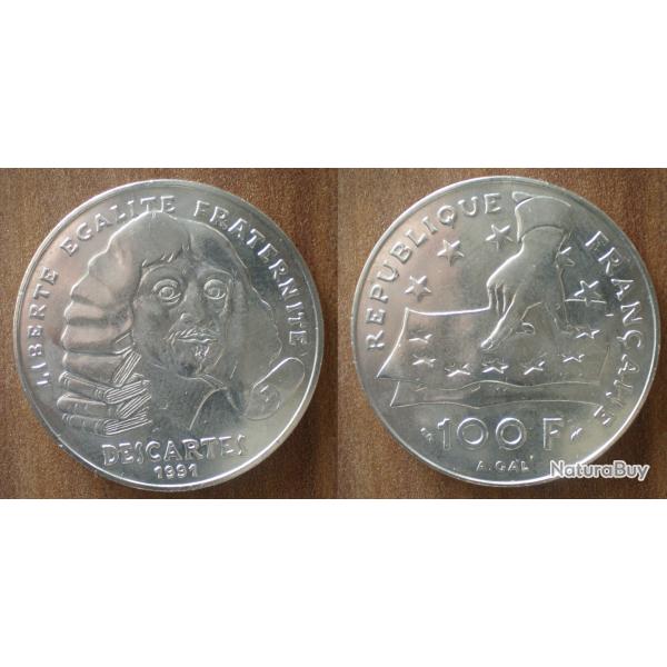 France 100 Francs 1991 Descartes NEUVE Piece Argent Frcs Frc Frs Franc