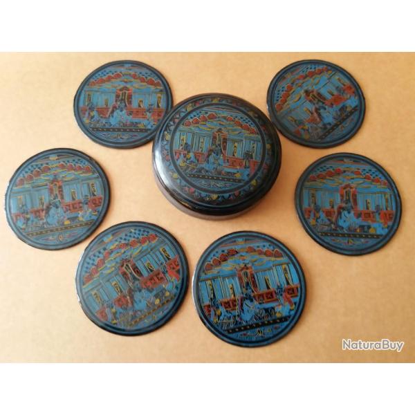 VINTAGE -RARE TRES BELLE BOITE EN BOIS DECOR JAPONISANTAVEC 6 SOUS VERRE -